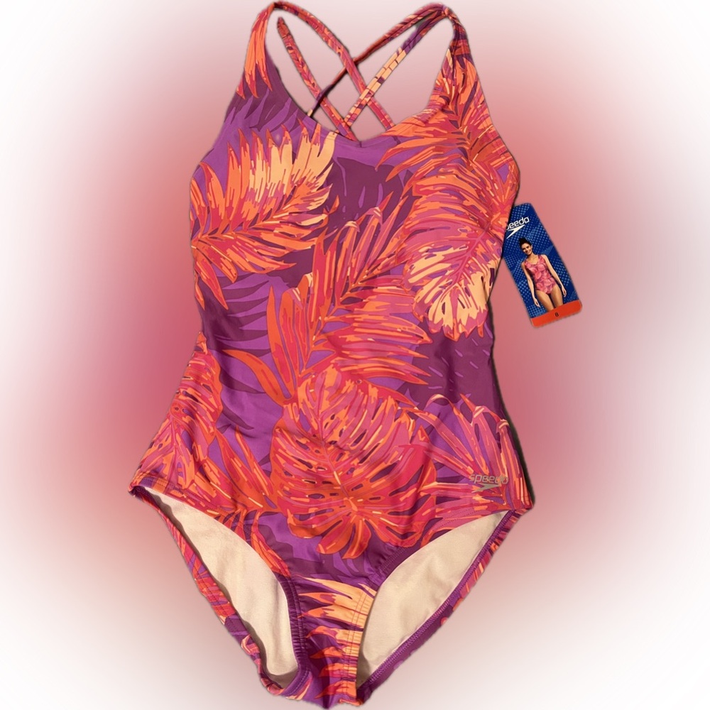 SPEEDO Tropical Leaf Swim Suit Fauna Cross Back Floral Palm Boho Barbie Beach M